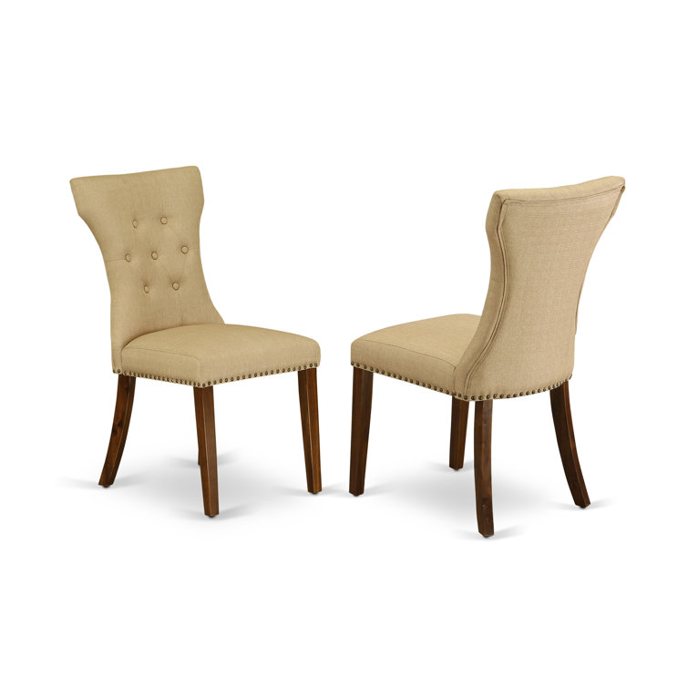 Distressed Jacobean 92" Wood Dining Set with 8 Beige Linen Chairs