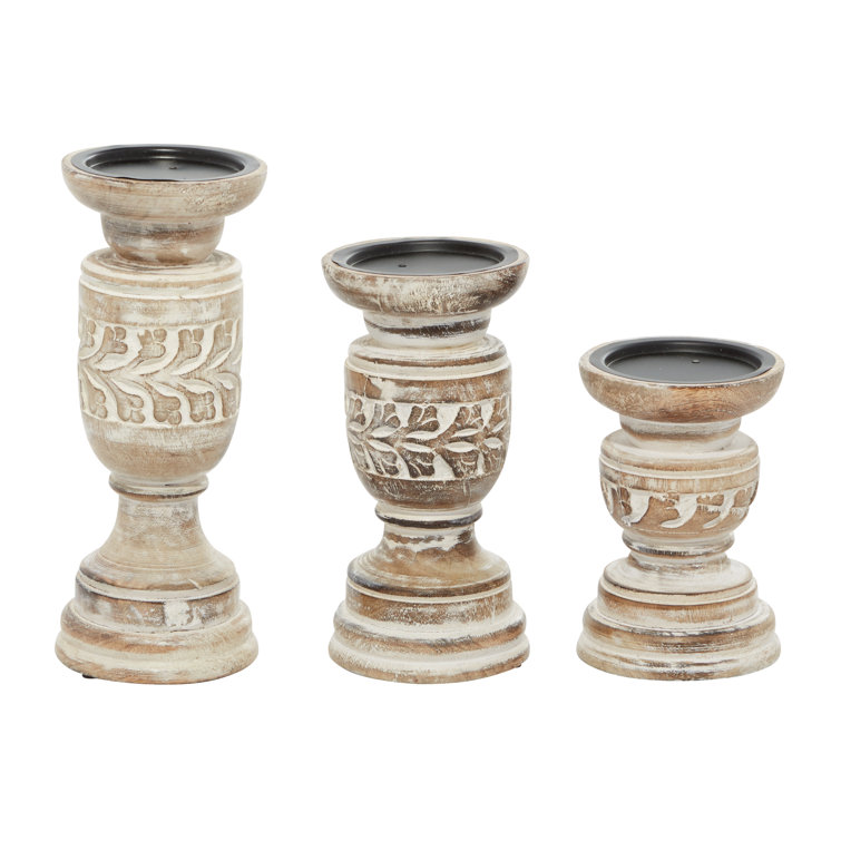 Distressed Light Brown Mango Wood Candle Holder Set