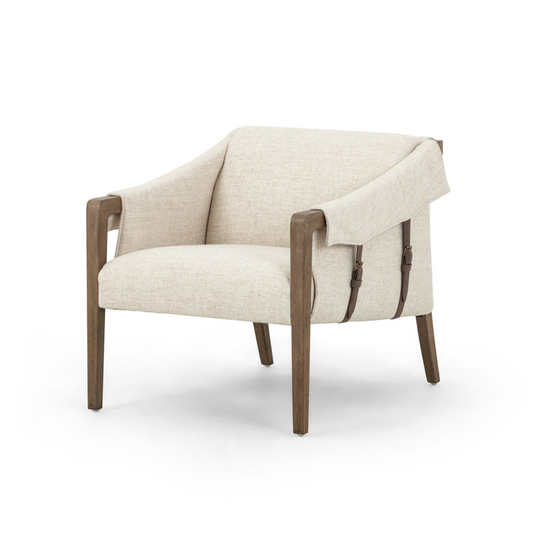 Contemporary Thames Cream Leather & Wood Stationary Accent Chair