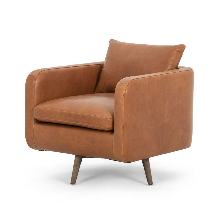 Haven Tobacco Top-Grain Leather Swivel Armchair with Solid Wood Legs