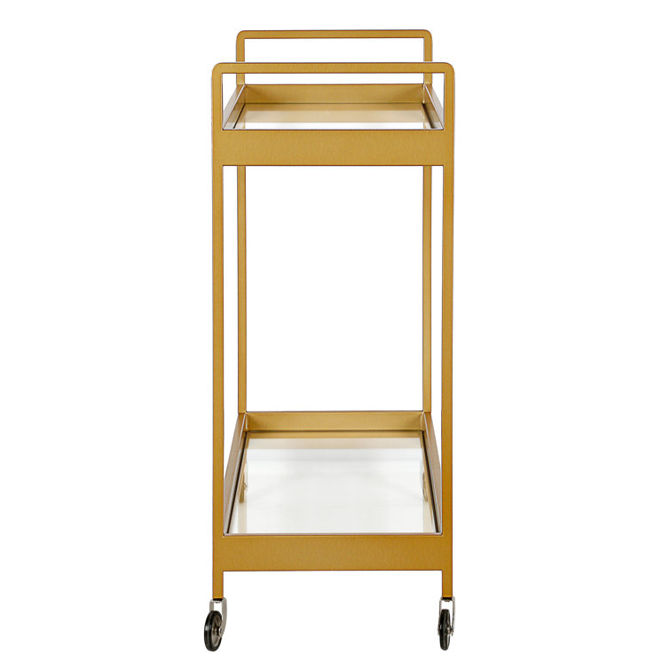 Glamourous Brass Finish Rectangular Bar Cart with Glass Shelves