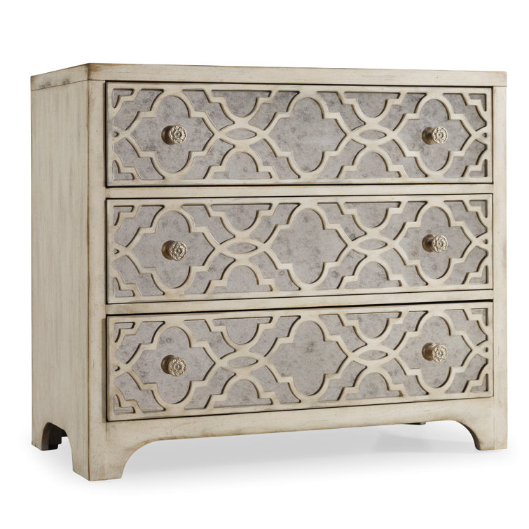 White Mirrored 3-Drawer Accent Chest with Fretwork