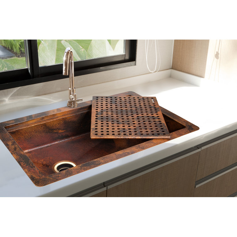 33" Hammered Copper Rectangular Drop-In Single Bowl Kitchen Sink with Removable Grill