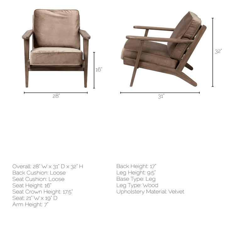 Light Olive Velvet Armchair with Brown Wood Frame