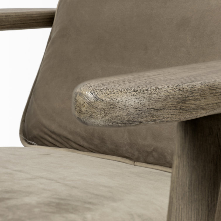 Light Olive Velvet Armchair with Brown Wood Frame