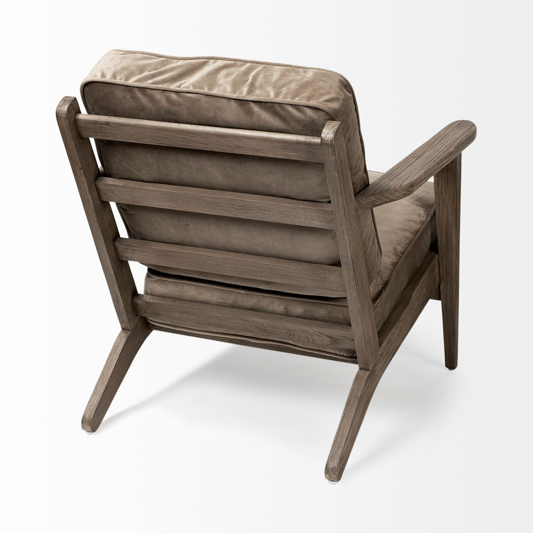 Light Olive Velvet Armchair with Brown Wood Frame