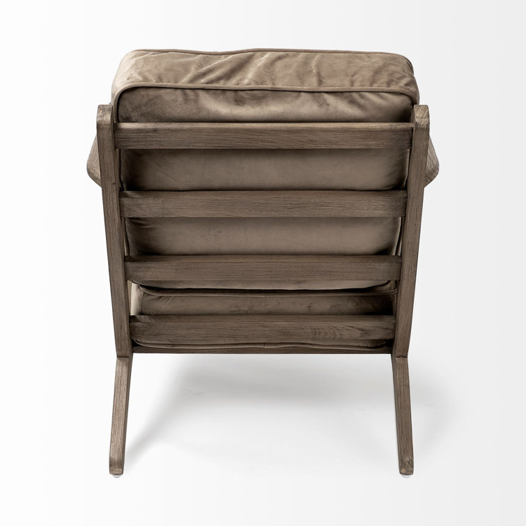 Light Olive Velvet Armchair with Brown Wood Frame