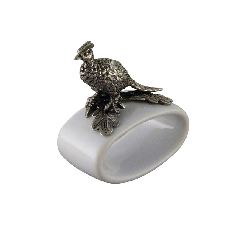 White Stoneware Napkin Ring with Pewter Pheasant