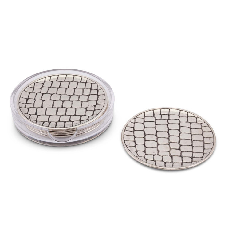 Pewter Alligator Pattern Round Coaster Set with Glass Holder