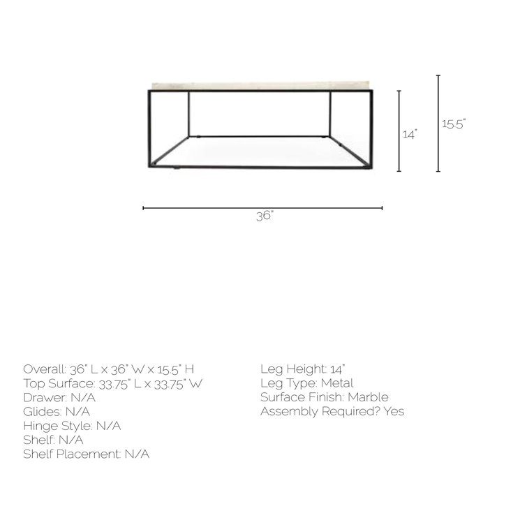 Nathan Square White Marble Top Black Metal Base Coffee Table