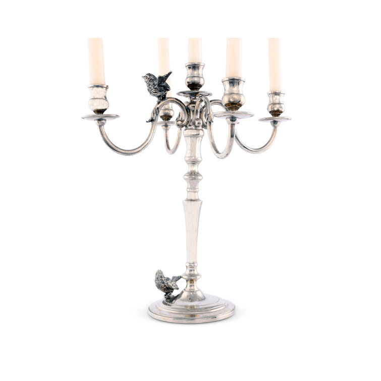 Elegant Pewter Song Bird Five-Taper Tabletop Candelabra