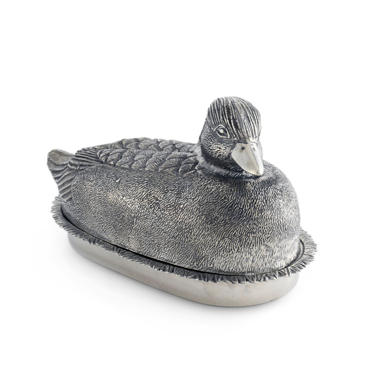 Pewter Mallard Duck Covered Butter Dish with Stoneware Plate