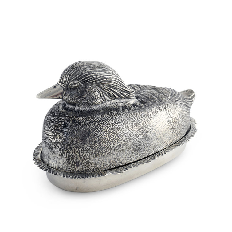 Pewter Mallard Duck Covered Butter Dish with Stoneware Plate