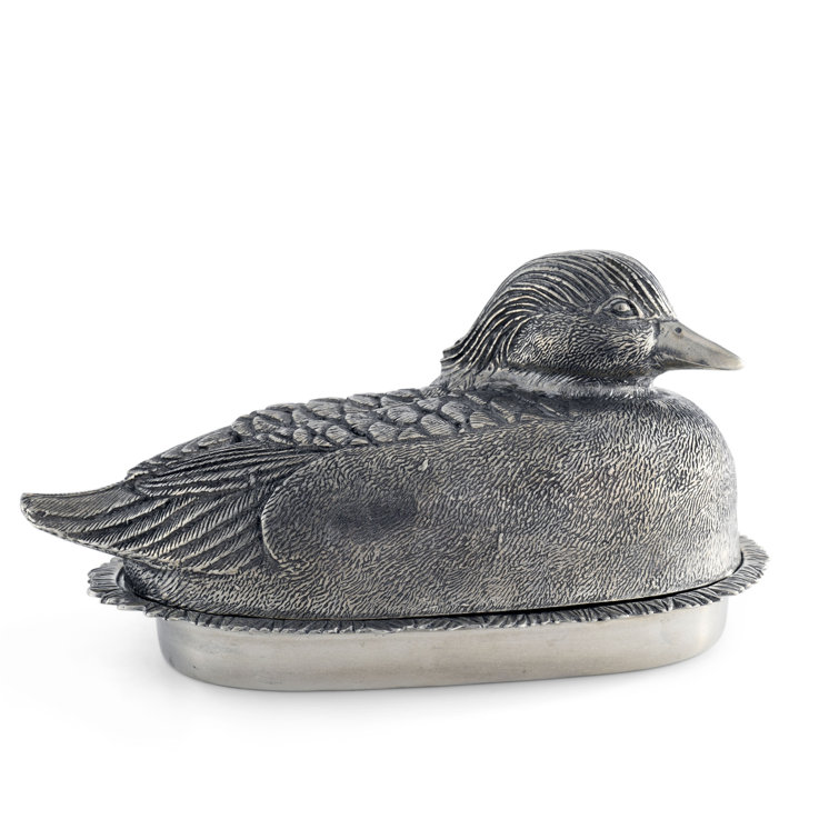 Pewter Mallard Duck Covered Butter Dish with Stoneware Plate
