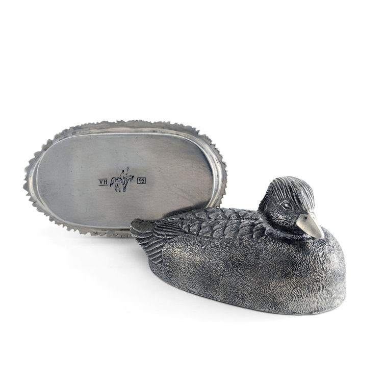 Pewter Mallard Duck Covered Butter Dish with Stoneware Plate