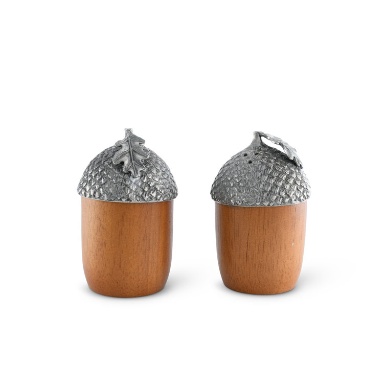 Acorn Design Wood and Pewter Salt and Pepper Shaker Set