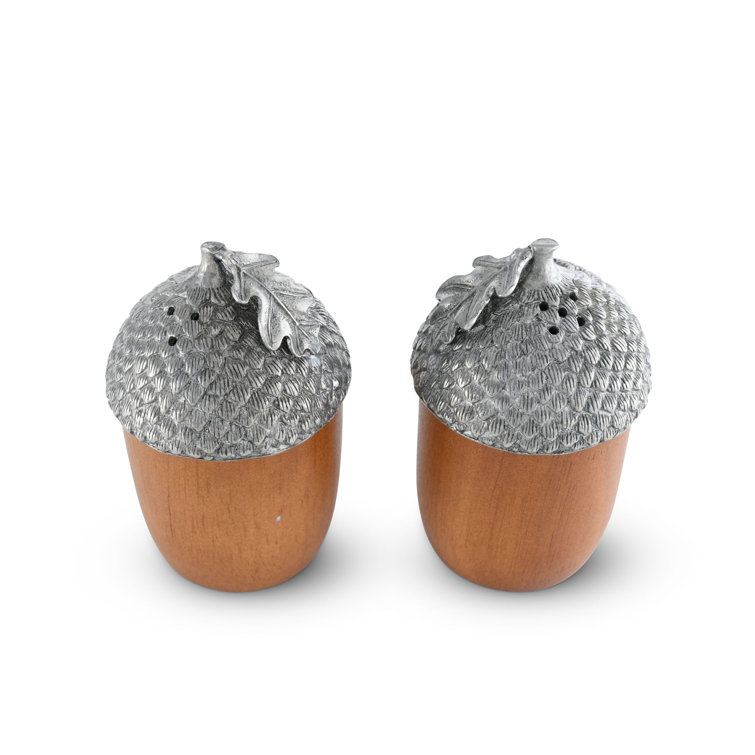 Acorn Design Wood and Pewter Salt and Pepper Shaker Set