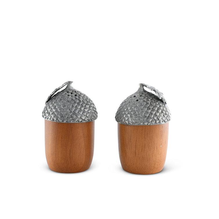 Acorn Design Wood and Pewter Salt and Pepper Shaker Set