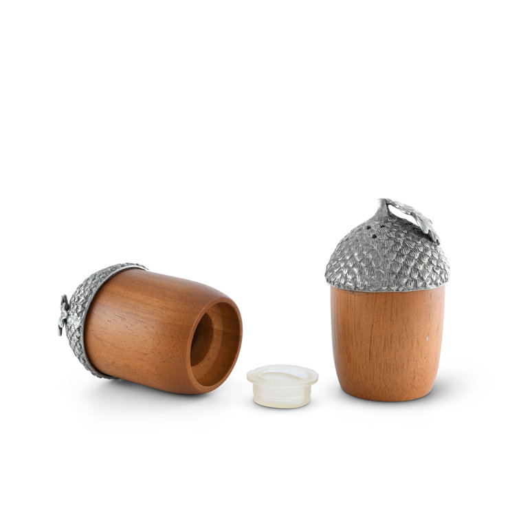 Acorn Design Wood and Pewter Salt and Pepper Shaker Set