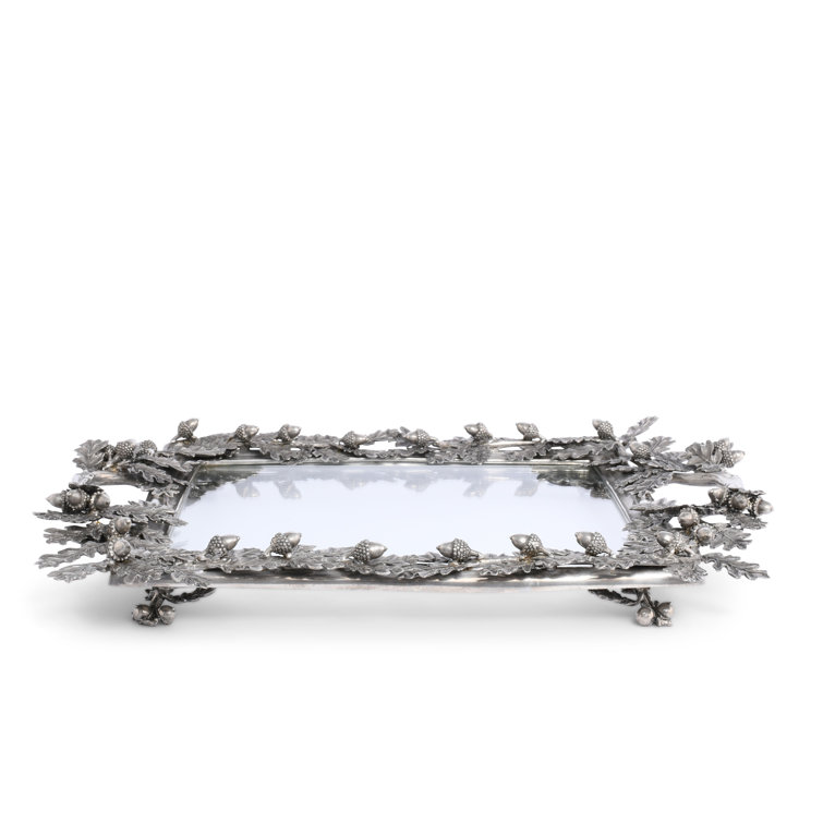 Ornate Pewter Oak Leaf and Acorn Glass Tray