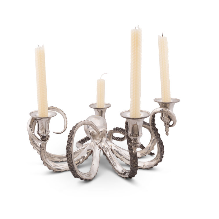 Silver Pewter Octopus Embossed Candelabra