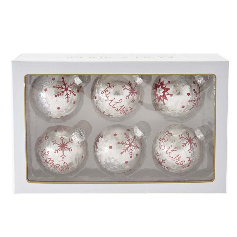 80MM Silver and Red Snowflake Glass Ball Ornaments, Set of 6