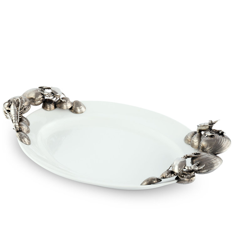 Handmade White Stoneware Tray with Pewter Shellfish Handles