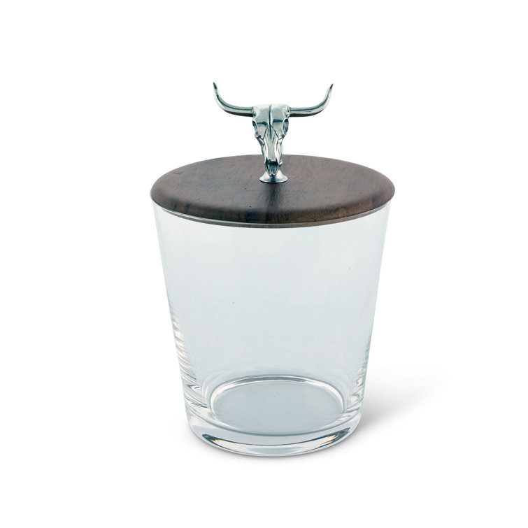 Hand Blown Glass Ice Bucket with Wooden Lid and Pewter Cow Skull Handle