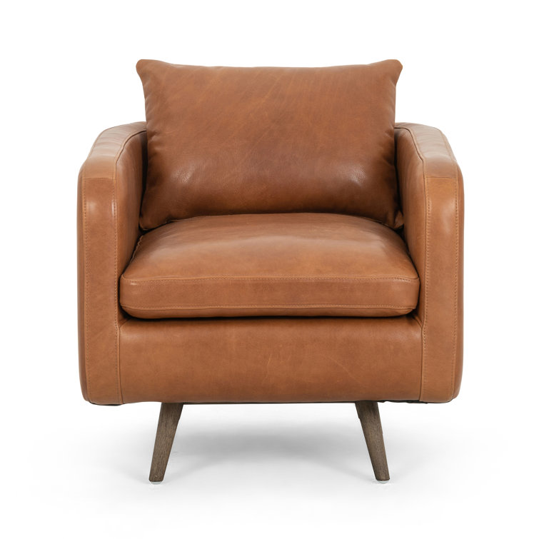 Haven Tobacco Top-Grain Leather Swivel Armchair with Solid Wood Legs