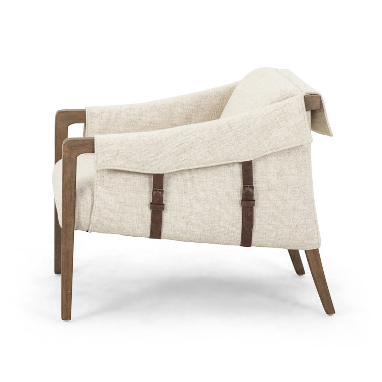 Contemporary Thames Cream Leather & Wood Stationary Accent Chair