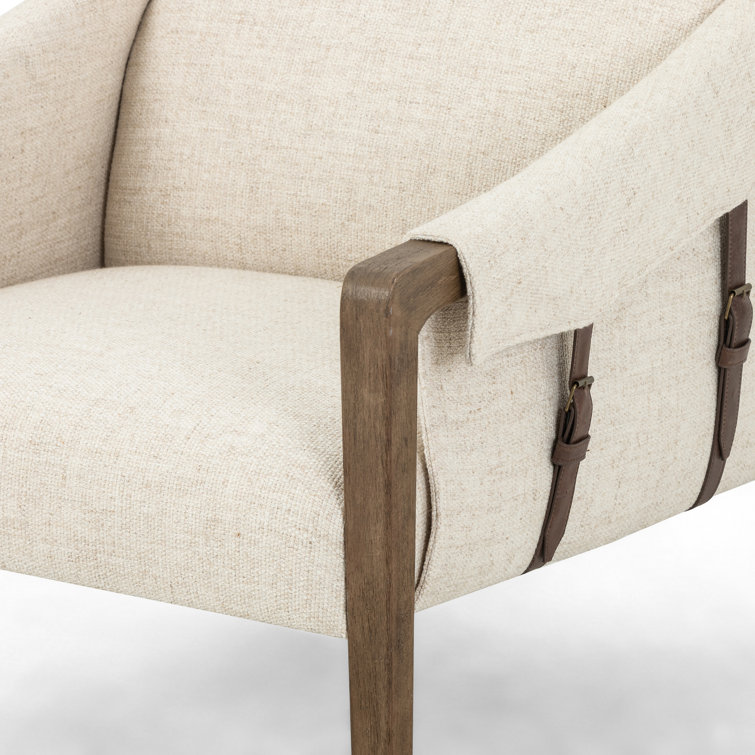 Contemporary Thames Cream Leather & Wood Stationary Accent Chair
