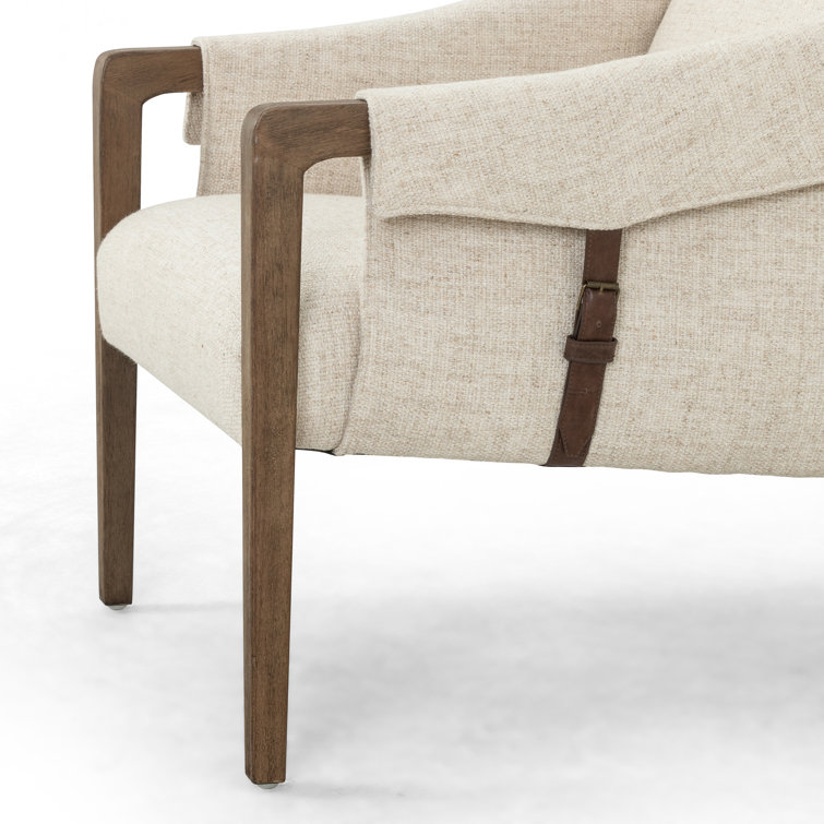 Contemporary Thames Cream Leather & Wood Stationary Accent Chair