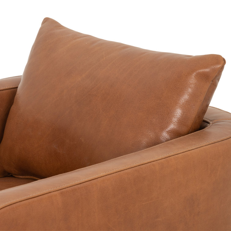 Haven Tobacco Top-Grain Leather Swivel Armchair with Solid Wood Legs