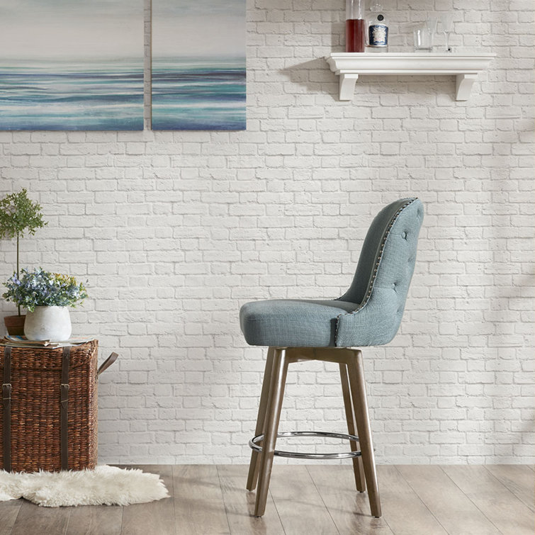Elegant Blue Swivel Counter Stool with Walnut Wood Finish
