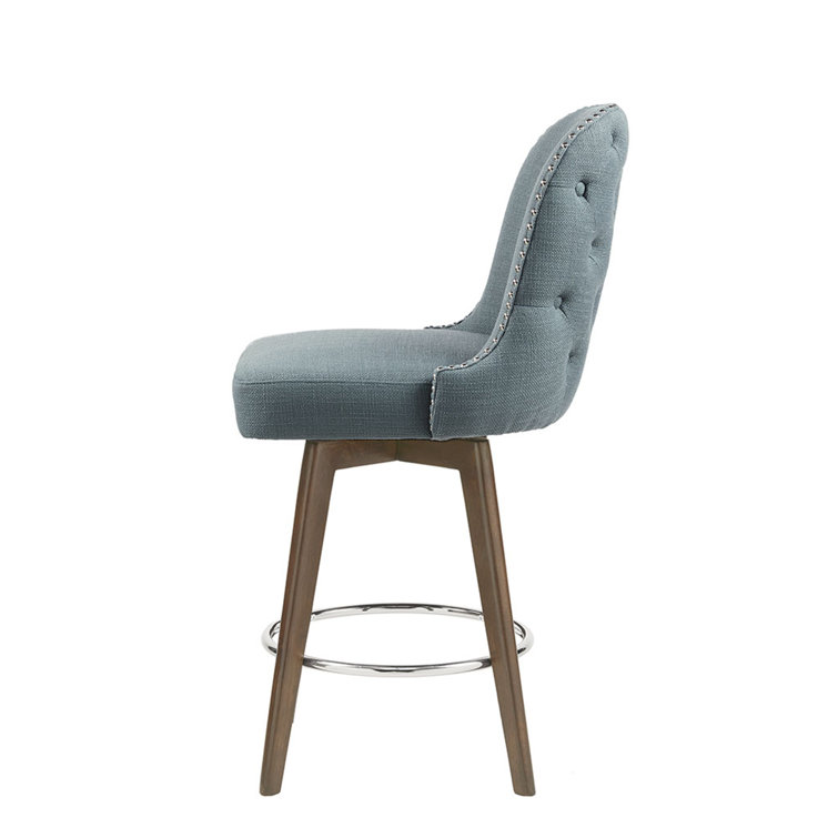 Elegant Blue Swivel Counter Stool with Walnut Wood Finish
