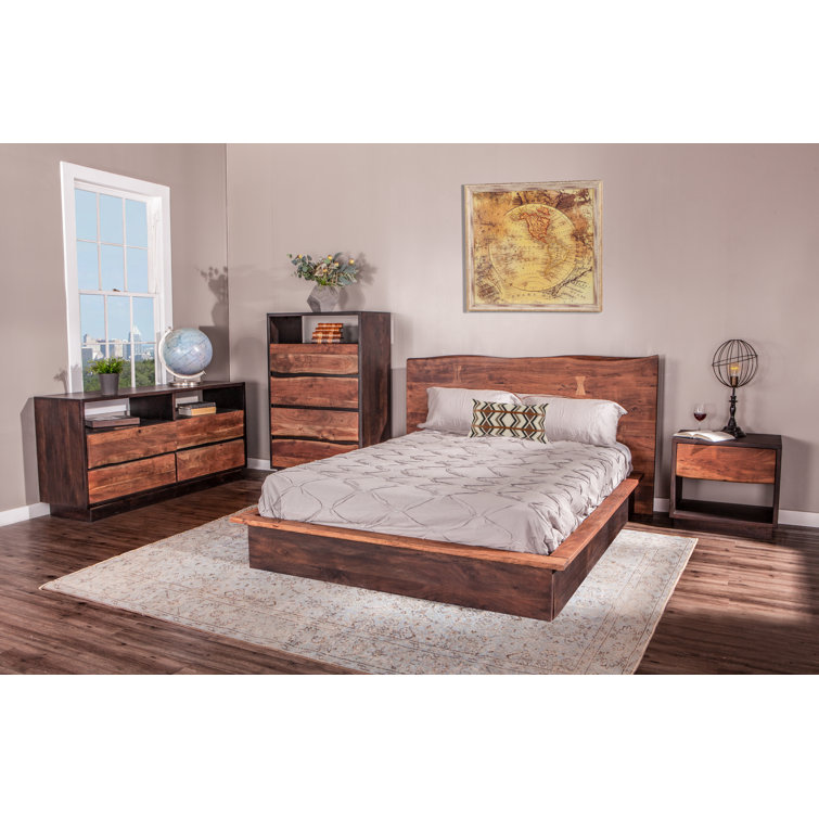 Acacia Wood Queen Bed with Live Edge Headboard in Raw Walnut Finish