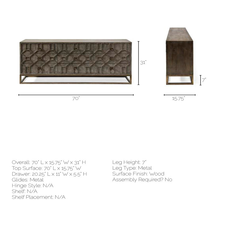Dezi 70'' Natural Wood Farmhouse Sideboard with Brass Accents