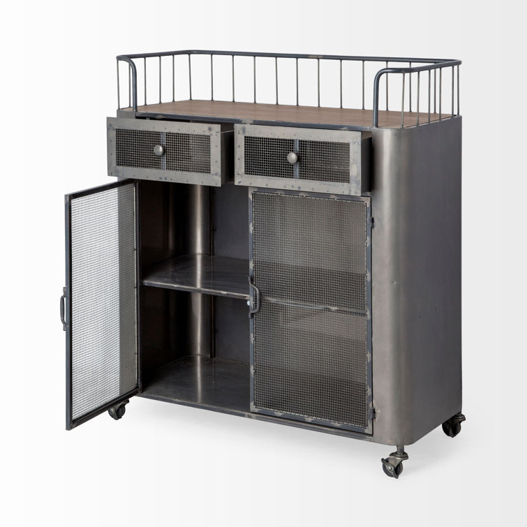 Industrial Gunmetal Gray Rolling Bar Cart with Wood Top