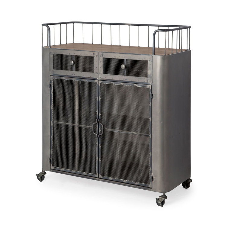 Industrial Gunmetal Gray Rolling Bar Cart with Wood Top