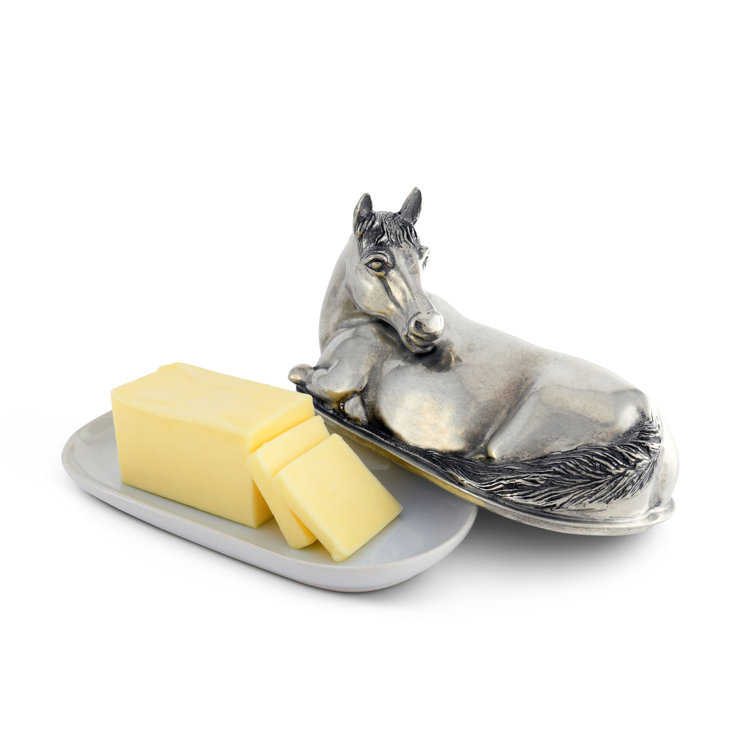 Equestrian Pewter Horse Butter Dish with Stoneware Plate
