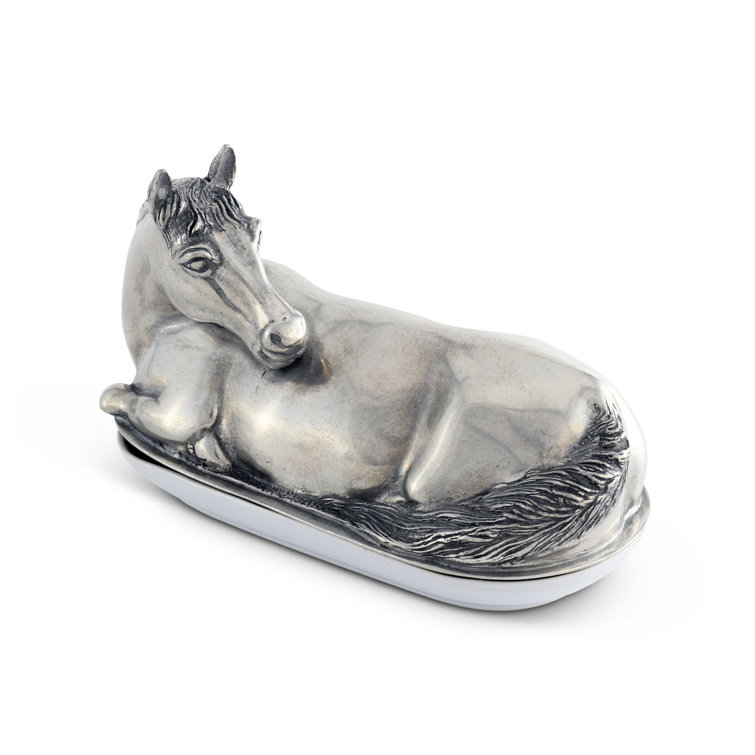 Equestrian Pewter Horse Butter Dish with Stoneware Plate