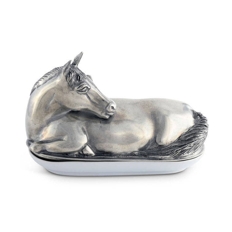 Equestrian Pewter Horse Butter Dish with Stoneware Plate