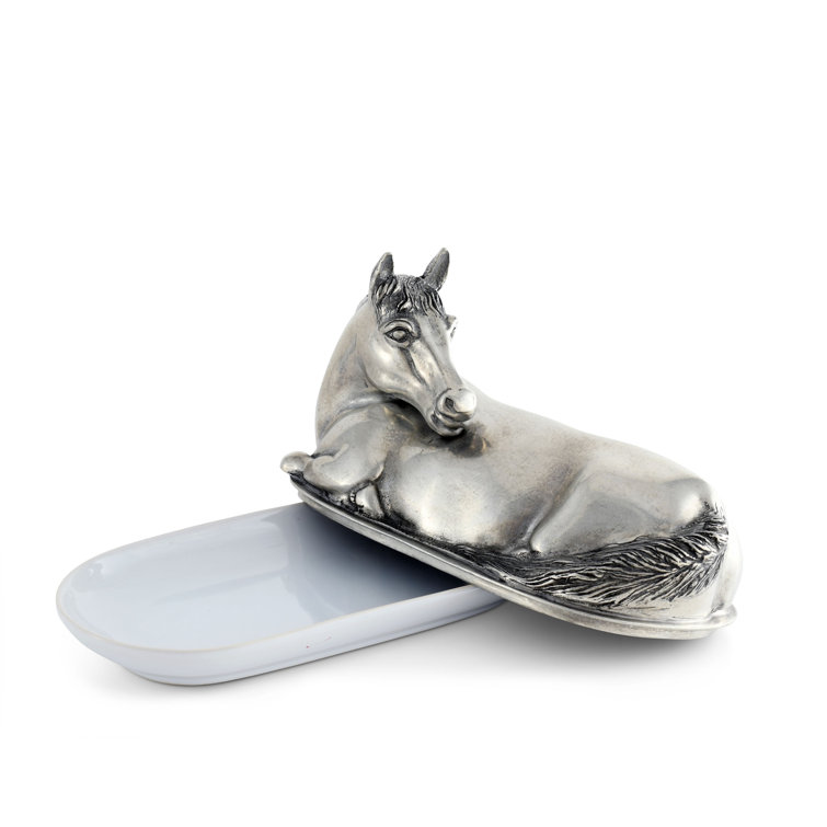 Equestrian Pewter Horse Butter Dish with Stoneware Plate