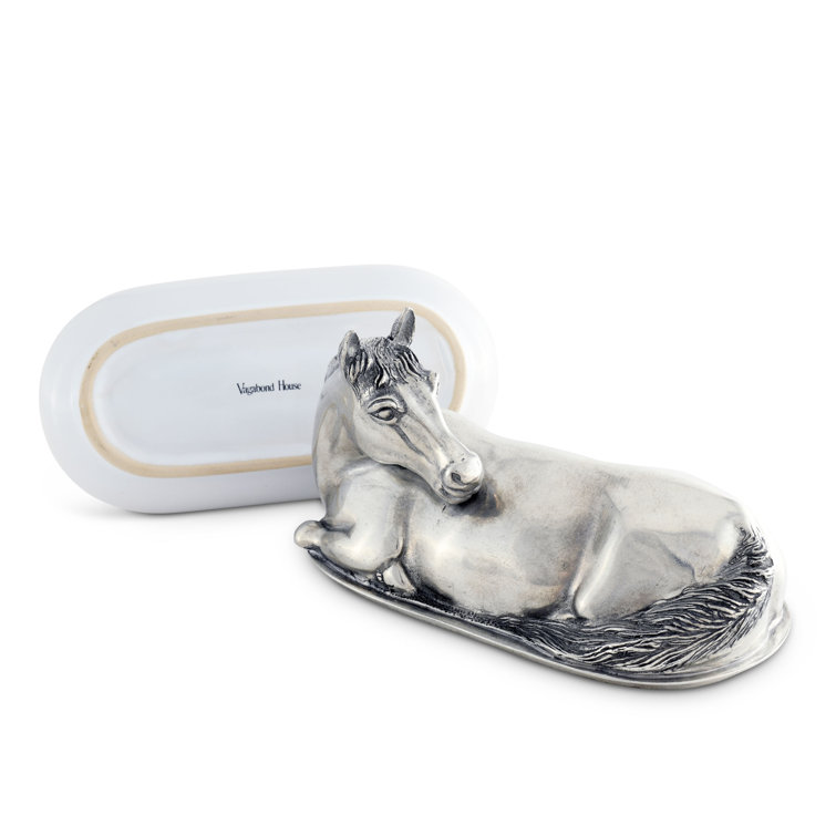 Equestrian Pewter Horse Butter Dish with Stoneware Plate
