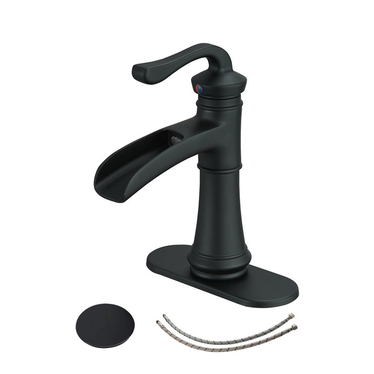 Matte Black Single Handle Waterfall Bathroom Faucet with Drain Assembly