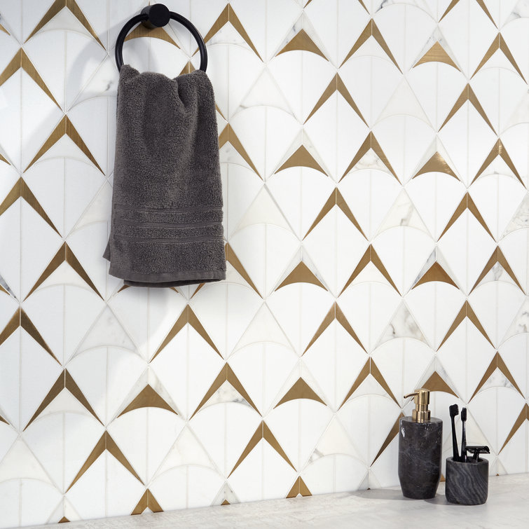 Larvotto White and Brass Polished Marble Mosaic Wall Tile