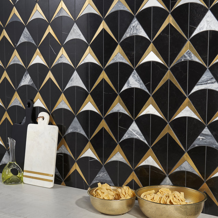 Larvotto Black Marble and Brass Diamond Mosaic Wall Tile