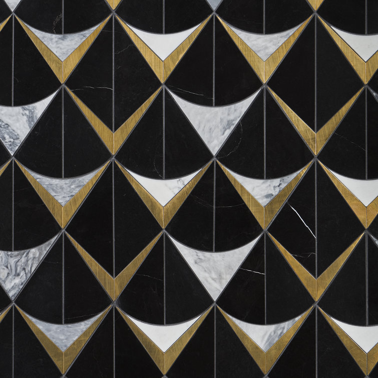 Larvotto Black Marble and Brass Diamond Mosaic Wall Tile