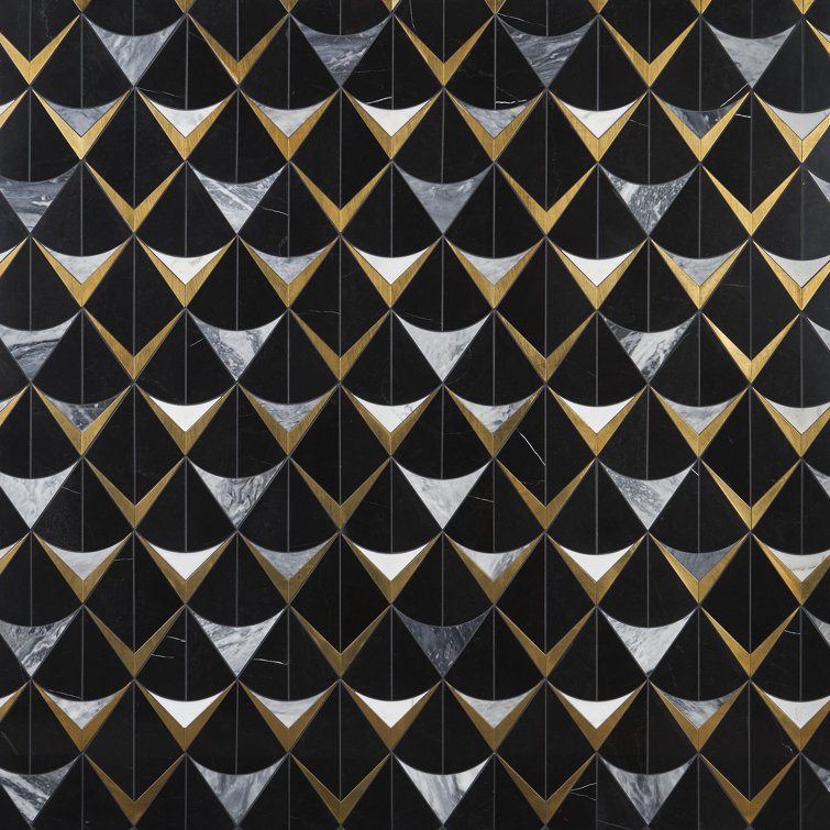 Larvotto Black Marble and Brass Diamond Mosaic Wall Tile