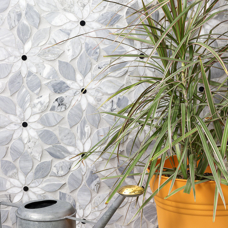 Thistle Blue Marble Flower Mosaic Tile Sheet